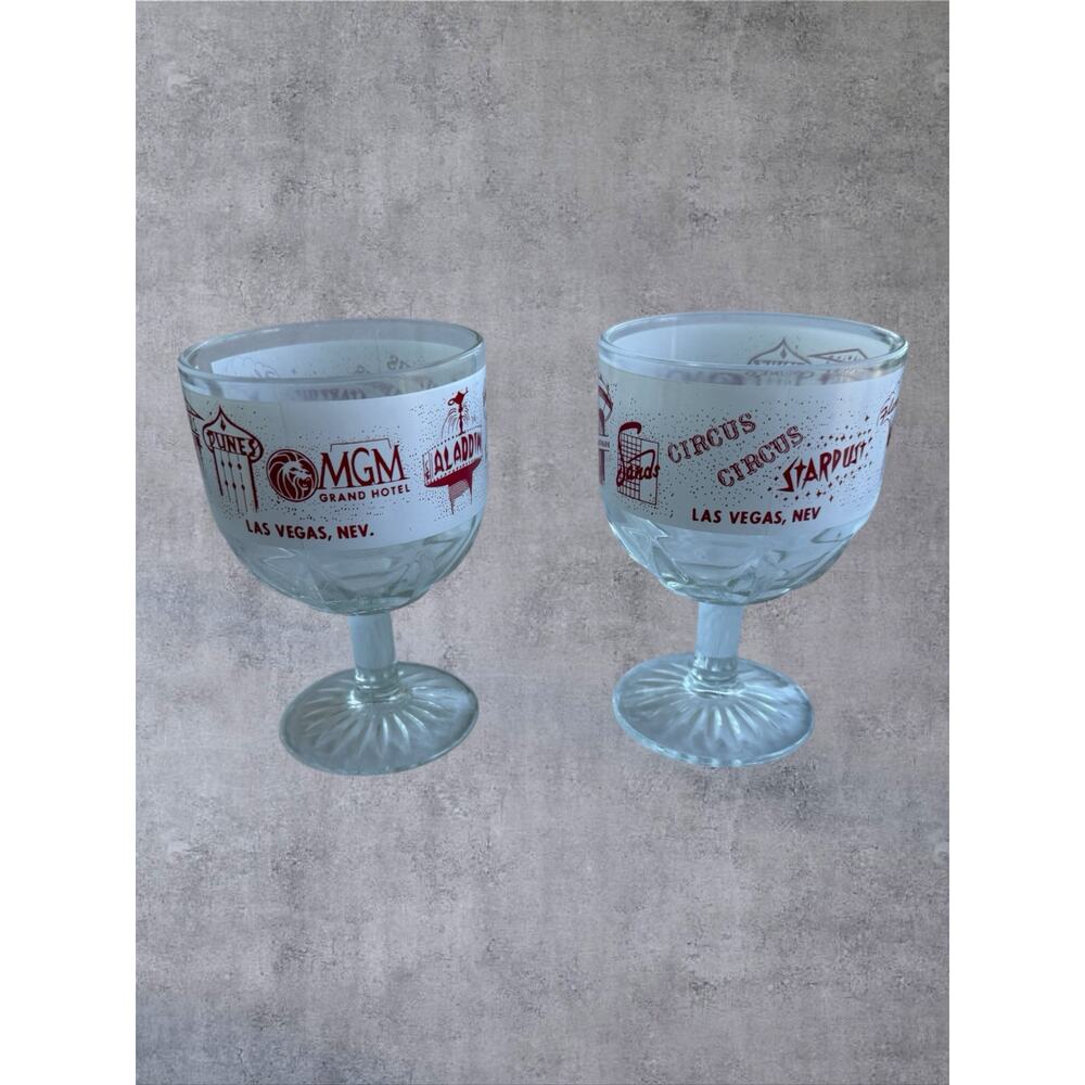 2 Vtg Las Vegas Casino Souvenir 14oz Goblet Stardust Dunes Sands MGM Grand PAIR